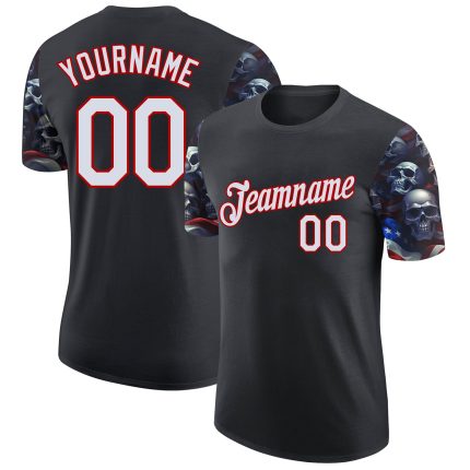 3D Skull American Flag Performance T-Shirt - Personalized Black White Red Tee Personalized Black White-Red 3D Skull And American