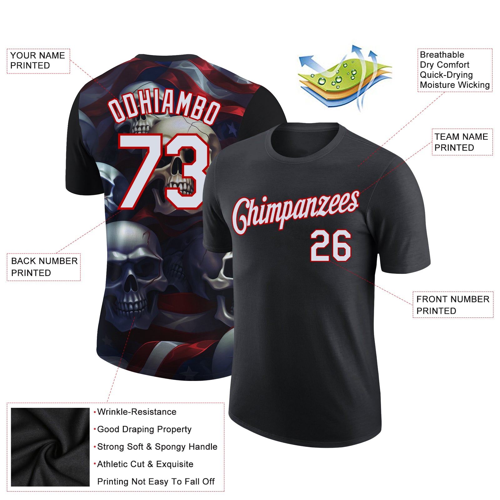 Personalized Black White-Red 3D Skull And American Flag Performance T-Shirt Team Custom Name and Number Custom Name 3D Skull American Flag Personalized Performance T-Shirt Black Red White Personalized Black White-Red 3D Skull - Image 2