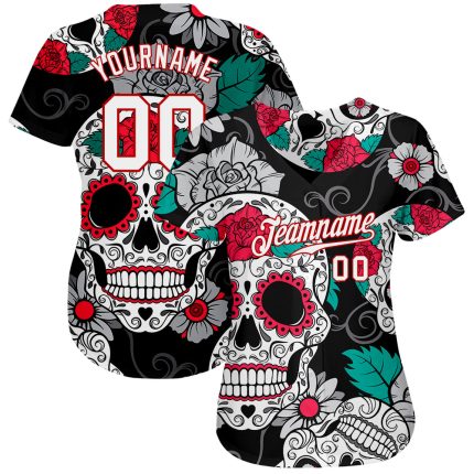 Custom 3D Skull Baseball Jersey - Personalized Black White Red Design with Custom Name and Number Personalized Black White-Red