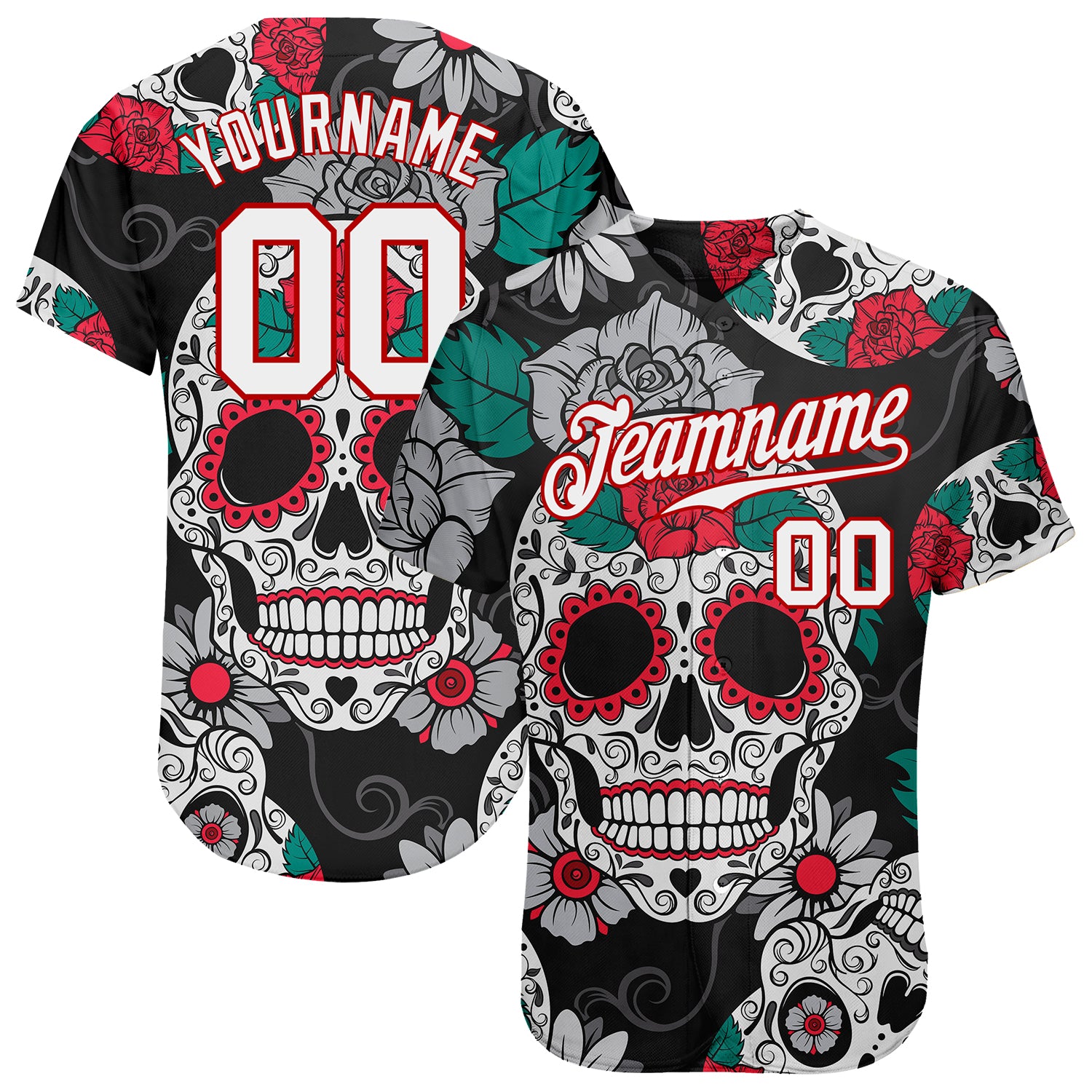 Custom 3D Skull Baseball Jersey - Personalized Black White Red Design with Custom Name and Number Personalized Black White-Red