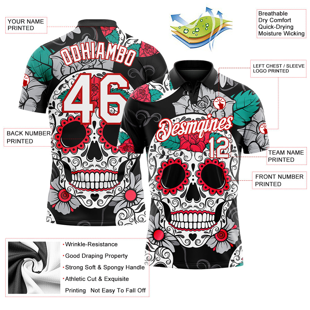 Personalized Black White-Red 3D Skull Fashion Performance Golf Polo Shirt Team Custom Name and Number Custom Name Number 3D Skull Golf Polo Shirt - Personalized Black Red and White Fashion Performance Wear Personalized Black - Image 3