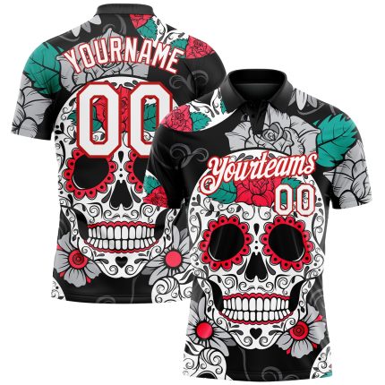 Custom Name Number 3D Skull Golf Polo Shirt - Personalized Black Red and White Fashion Performance Wear Personalized Black