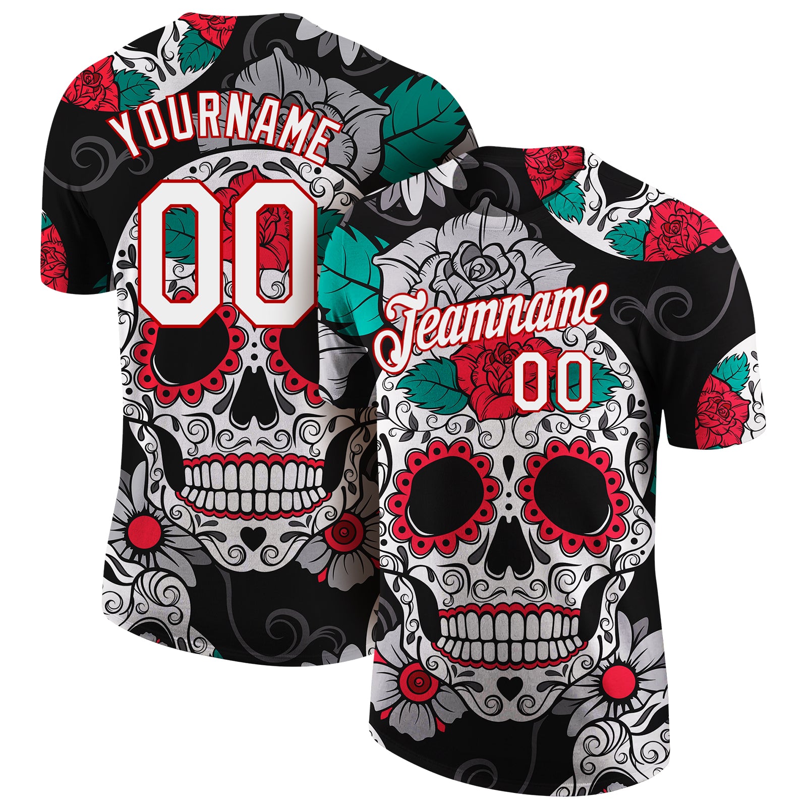 Custom Name Number 3D Skull T-Shirt - Personalized Black White Red Fashion Performance Shirt Personalized Black White-Red