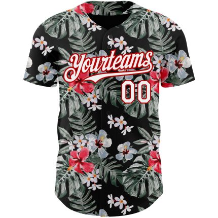 Personalized 3D Tropical Hawaii Plant Baseball Jersey in Black White Red Personalized Black White-Red 3D Tropical Hawaii