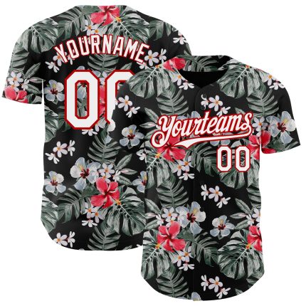 Personalized 3D Tropical Hawaii Plant Baseball Jersey in Black White Red Personalized Black White-Red 3D Tropical Hawaii