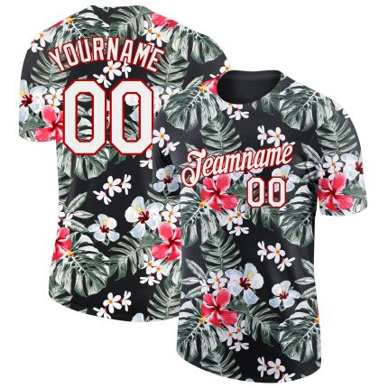 Tropical Hawaii Plant 3D Performance T-Shirt - Personalized Black Red White Personalized Black White-Red 3D Tropical Hawaii
