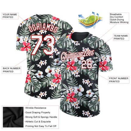 Tropical Hawaii Plant 3D Performance T-Shirt - Personalized Black Red White Personalized Black White-Red 3D Tropical Hawaii