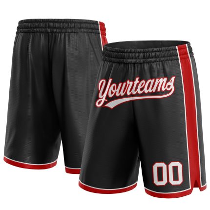 Custom Authentic Basketball Shorts with Personalized Name and Number in Black, White, and Red Personalized Black White-Red
