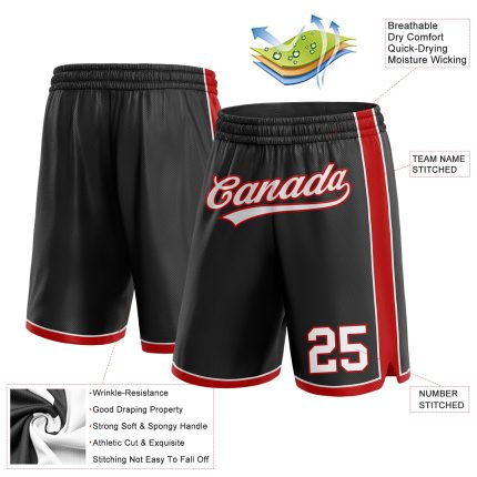 Custom Authentic Basketball Shorts with Personalized Name and Number in Black, White, and Red Personalized Black White-Red