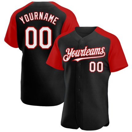 Custom Baseball Jersey with Personalized Name and Number - Black White Red Authentic Raglan Sleeves Personalized Black White-Red