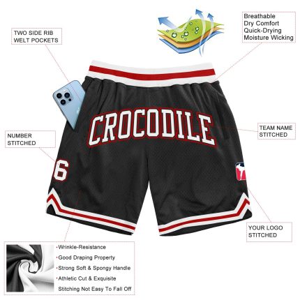 Personalized Authentic Basketball Shorts in Black White and Red - Throwback Style Personalized Black White-Red Authentic