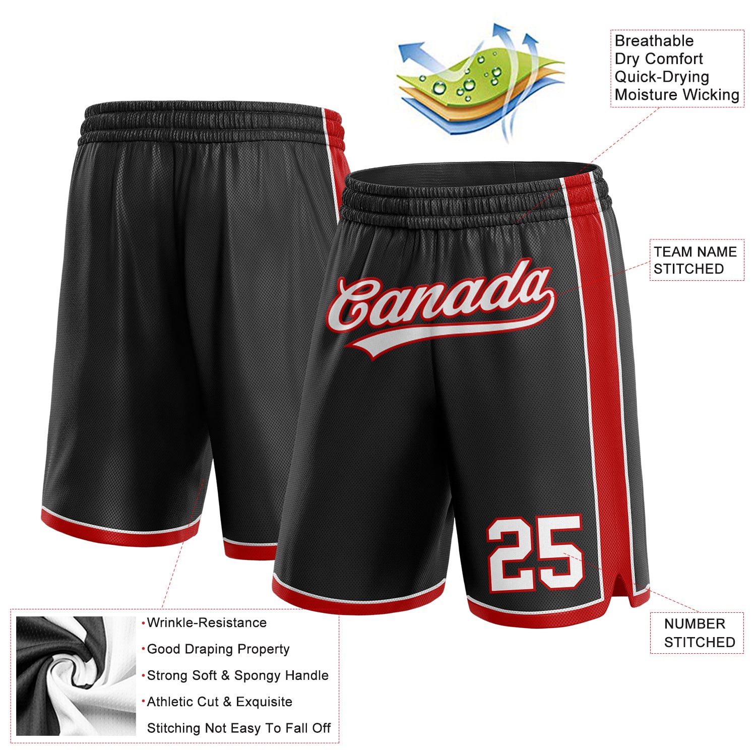 Personalized Basketball Shorts in Black, White, and Red - Custom Sportswear Personalized Black White-Red Basketball Shorts - Image 2