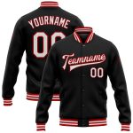 Personalized Varsity Letterman Jacket Black White Red Full-Snap Bomber Personalized Black White-Red Bomber Full-Snap Varsity