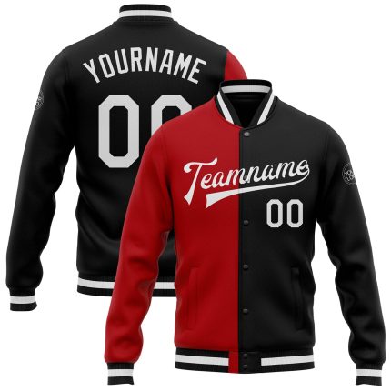 Personalized Varsity Letterman Jacket Black White Red Full-Snap Bomber Fashion Apparel Personalized Black White-Red Bomber
