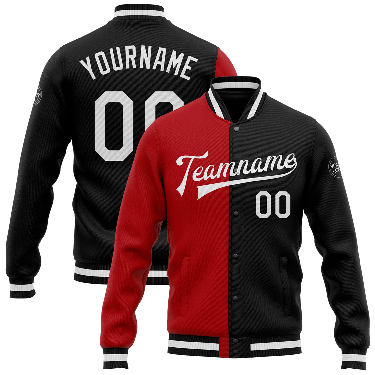 Custom Team Name Number Bomber Jacket Black White Red Full-Snap Varsity Letterman Fashion Personalized Black White-Red Bomber
