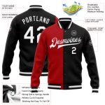 Custom Team Name Number Bomber Jacket Black White Red Full-Snap Varsity Letterman Fashion Personalized Black White-Red Bomber