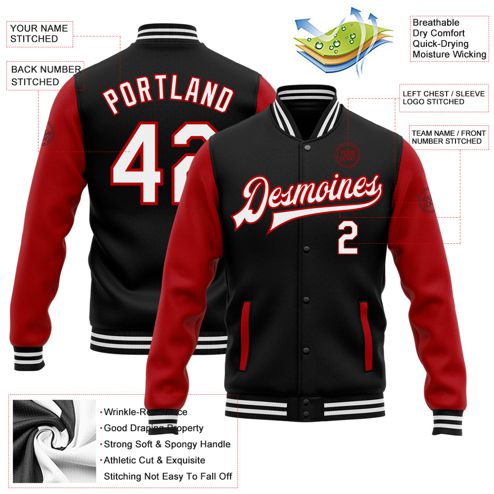 Personalized Bomber Jacket Black White Red Varsity Letterman Full-Snap Two Tone 2 Personalized Black White-Red Bomber Full-Snap - Image 5