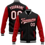 Personalized Varsity Letterman Two Tone Bomber Jacket in Black White Red Full-Snap Design Personalized Black White-Red Bomber