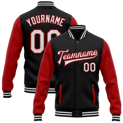 Personalized Varsity Letterman Two Tone Bomber Jacket in Black White Red Full-Snap Design Personalized Black White-Red Bomber