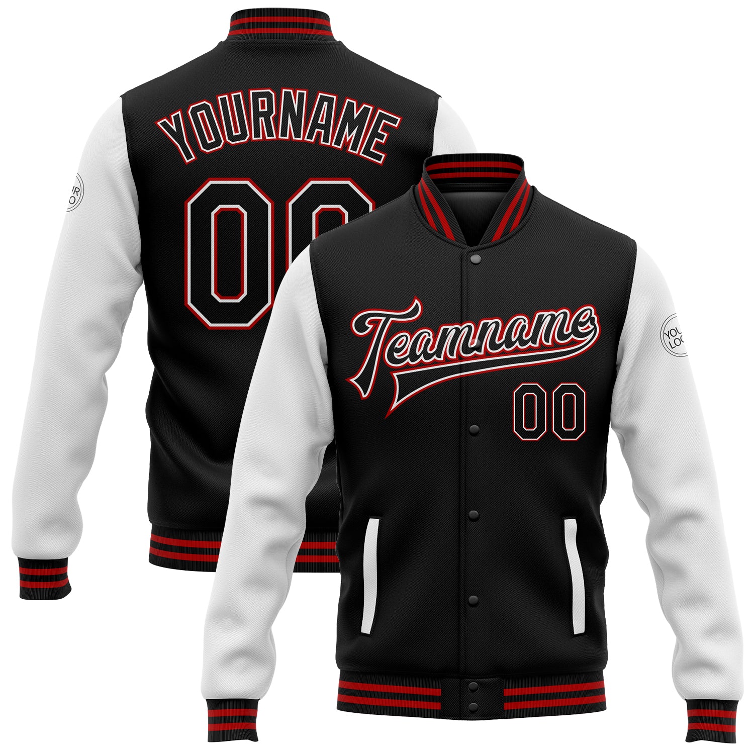 Custom Name Number Varsity Jacket Bomber Two-Tone Black White Red Full-Snap Letterman for Team Personalization Personalized