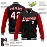 Personalized Varsity Letterman Two Tone Bomber Jacket in Black White Red Full-Snap Design Personalized Black White-Red Bomber