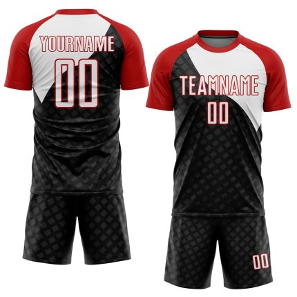 Personalized Sublimation Soccer Jersey with Black White-Red Curve Lines Personalized Black White-Red Curve Lines Sublimation