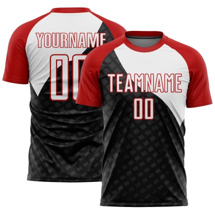 Personalized Sublimation Soccer Jersey with Black White-Red Curve Lines Personalized Black White-Red Curve Lines Sublimation