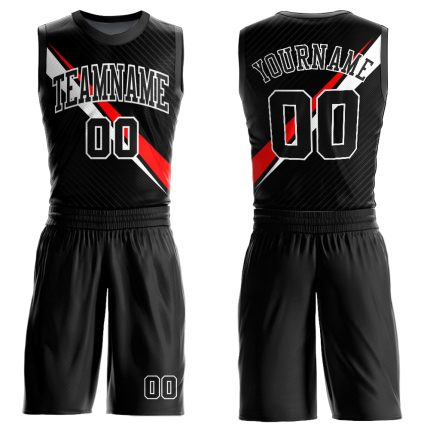 Custom Basketball Jersey with Personalized Name and Number, Black White-Red Diagonal Lines, Round Neck, Sublimation Design