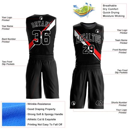 Custom Basketball Jersey with Personalized Name and Number, Black White-Red Diagonal Lines, Round Neck, Sublimation Design