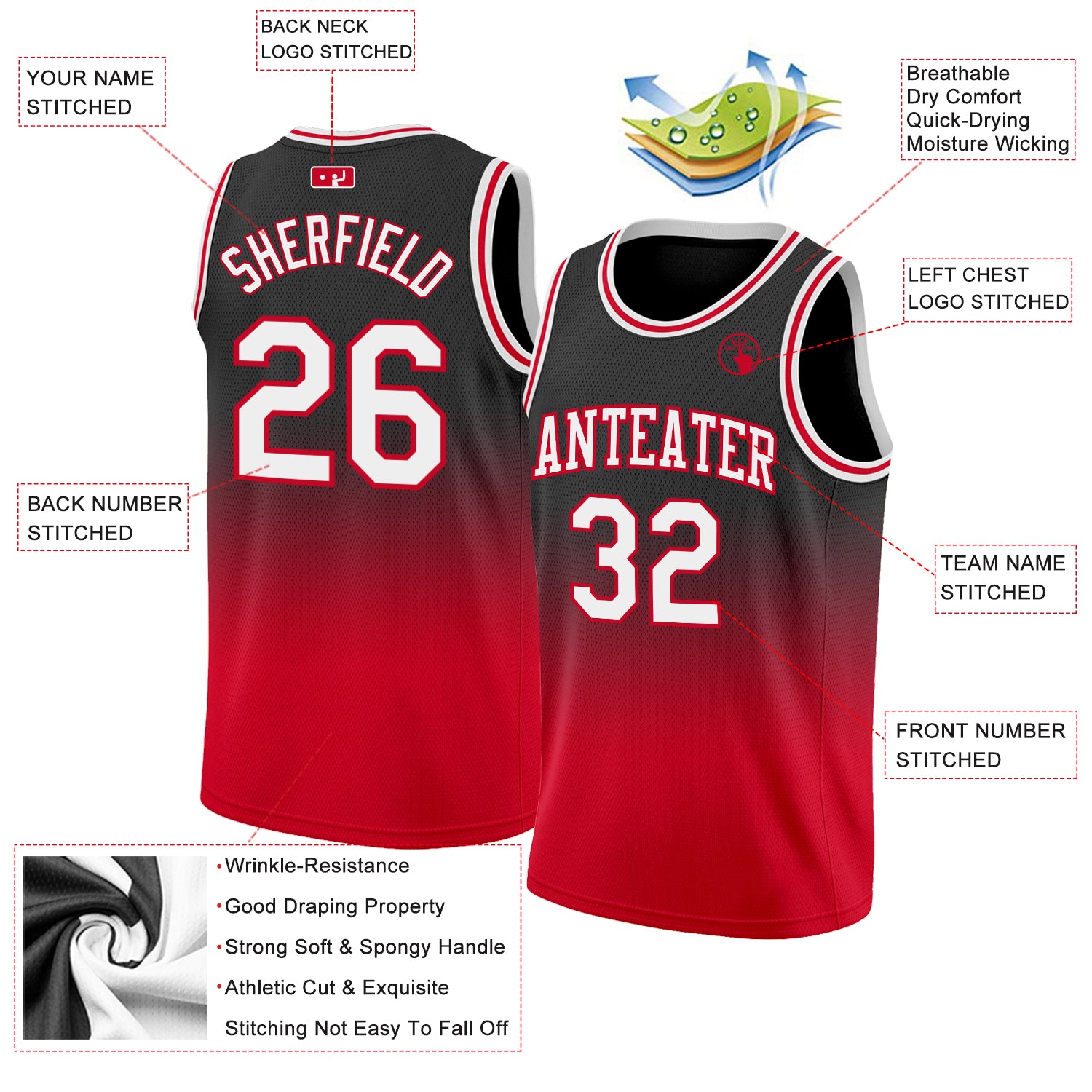 Personalized Basketball Jersey Black White Red Fade Fashion Style Personalized Black White-Red Fade Fashion Basketball Jersey - Image 2