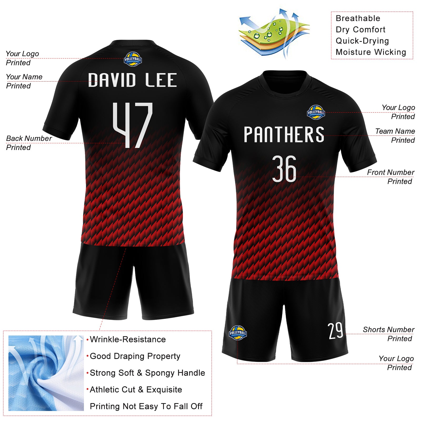 Custom Geometric Shape Volleyball Jersey - Black White Red Sublimation Uniform Personalized Black White-Red Geometric Shape - Image 4