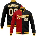 Personalized Bomber Jacket Black White Red Gold Varsity Full-Snap Fashion Letterman Personalized Black White Red-Gold Bomber