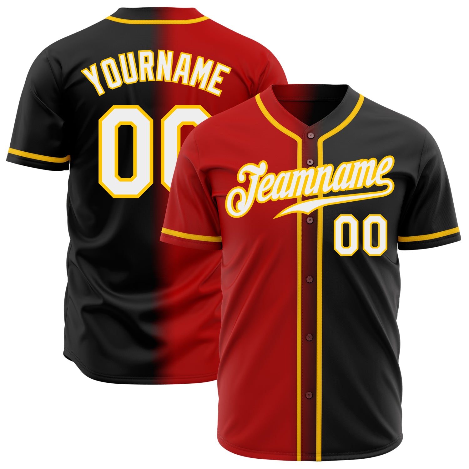 Custom Gradient Baseball Jersey in Black, White, Red, and Gold Personalized Black White Red-Gold Gradient Fashion Baseball