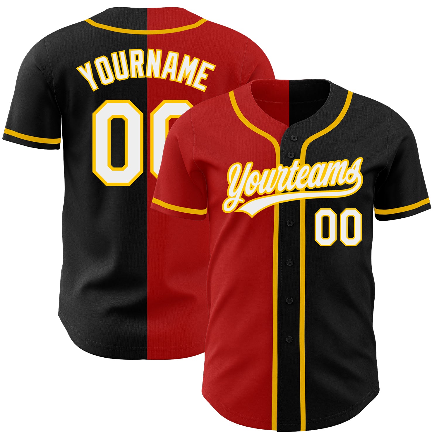 Personalized Black White Red Gold Split Fashion Baseball Jersey for Men and Women Personalized Black White Red-Gold Split