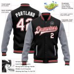 Personalized Two-Tone Varsity Letterman Bomber Jacket in Black, White, Red, and Gray, Full-Snap Closure Personalized Black