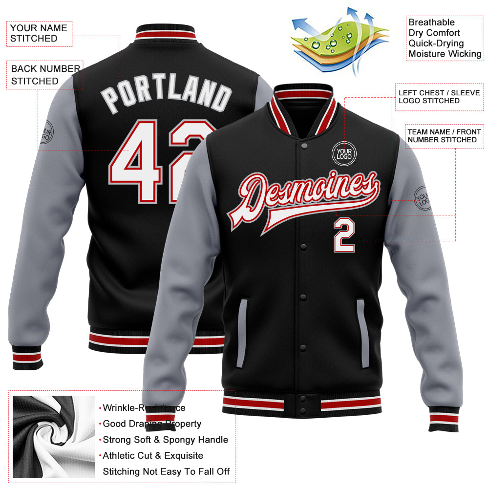 Personalized Two-Tone Varsity Letterman Bomber Jacket in Black, White, Red, and Gray, Full-Snap Closure Personalized Black - Image 5