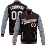Personalized Two-Tone Varsity Letterman Bomber Jacket in Black, White, Red, and Gray, Full-Snap Closure Personalized Black