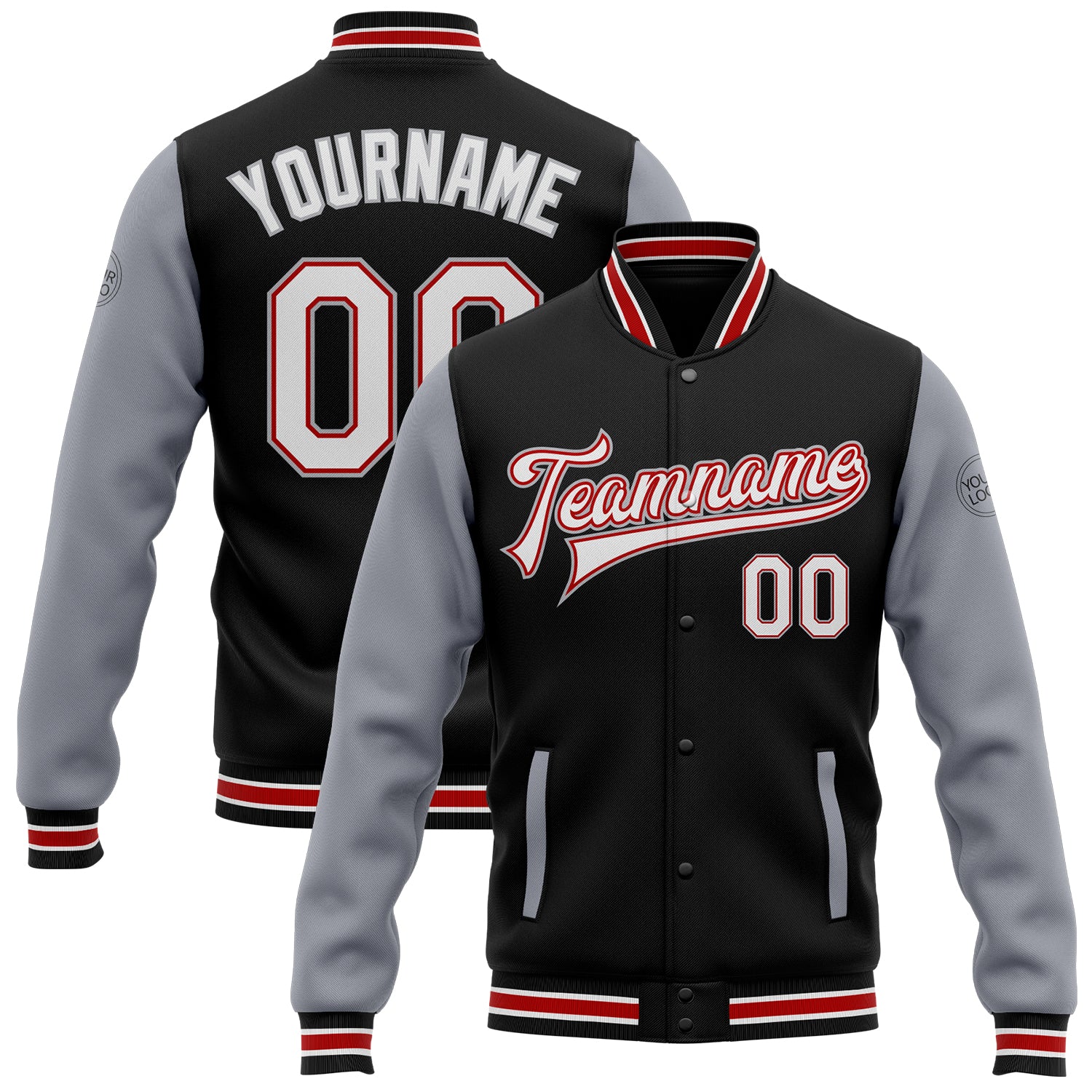 Custom Team Name Number Bomber Jacket Black White Red Gray Two Tone Full-Snap Varsity Letterman Personalized Black White