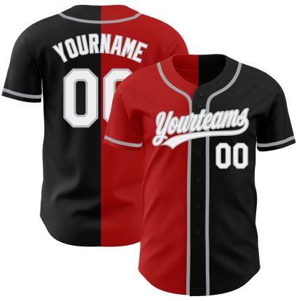 Personalized Fashion Baseball Jersey in Black, White, Red, and Gray Split Design Personalized Black White Red-Gray Split