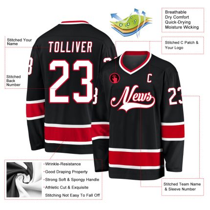 Personalized Hockey Jersey in Black, White, and Red - Customizable Team Apparel Personalized Black White-Red Hockey Jersey
