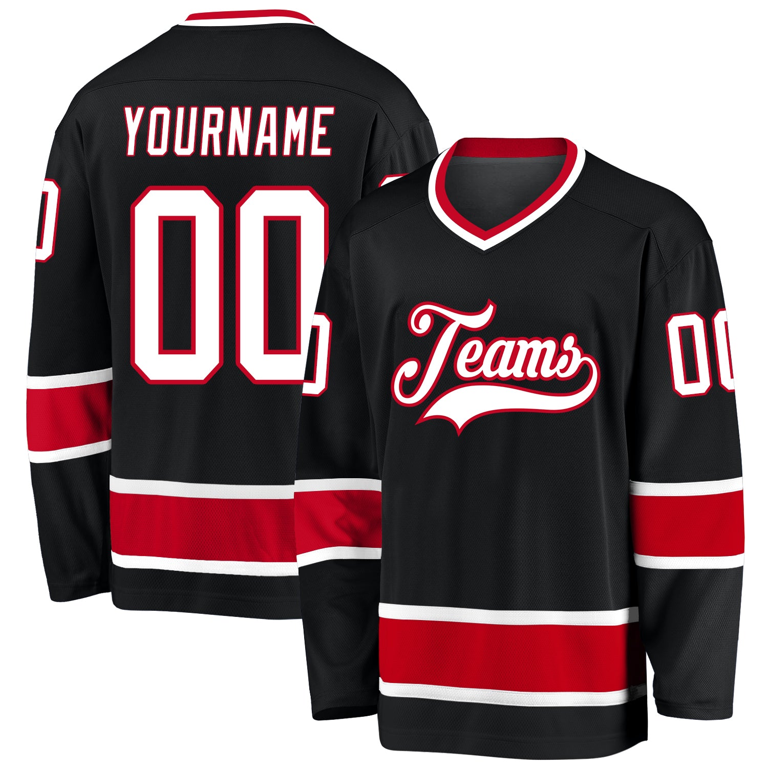 Customizable Black White Red Hockey Jersey for Men and Women Personalized Black White-Red Hockey Jersey