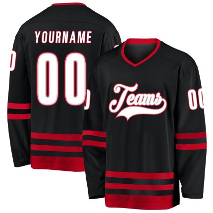 Customizable Black White Red Hockey Jersey with Personalized Name and Number Personalized Black White-Red Hockey Jersey Team