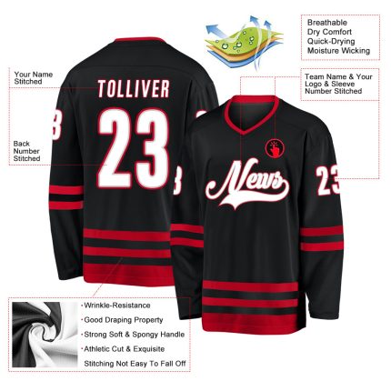 Customizable Black White Red Hockey Jersey with Personalized Name and Number Personalized Black White-Red Hockey Jersey Team