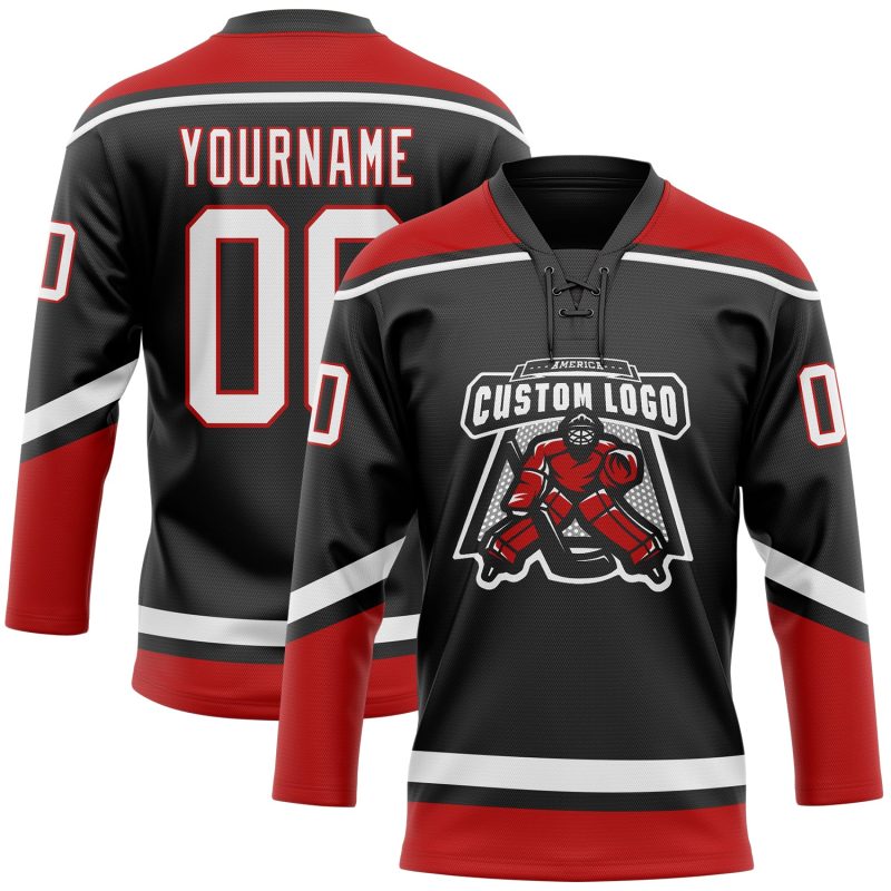 Personalized Black Red White Hockey Jersey with Lace Neck Design Personalized Black White-Red Hockey Lace Neck Jersey