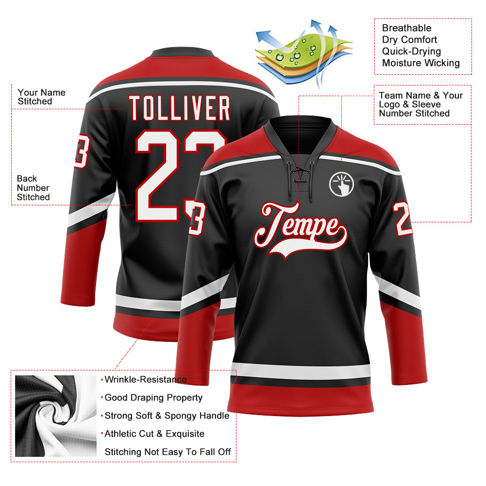 Personalized Black Red White Hockey Jersey with Lace Neck Design Personalized Black White-Red Hockey Lace Neck Jersey - Image 3