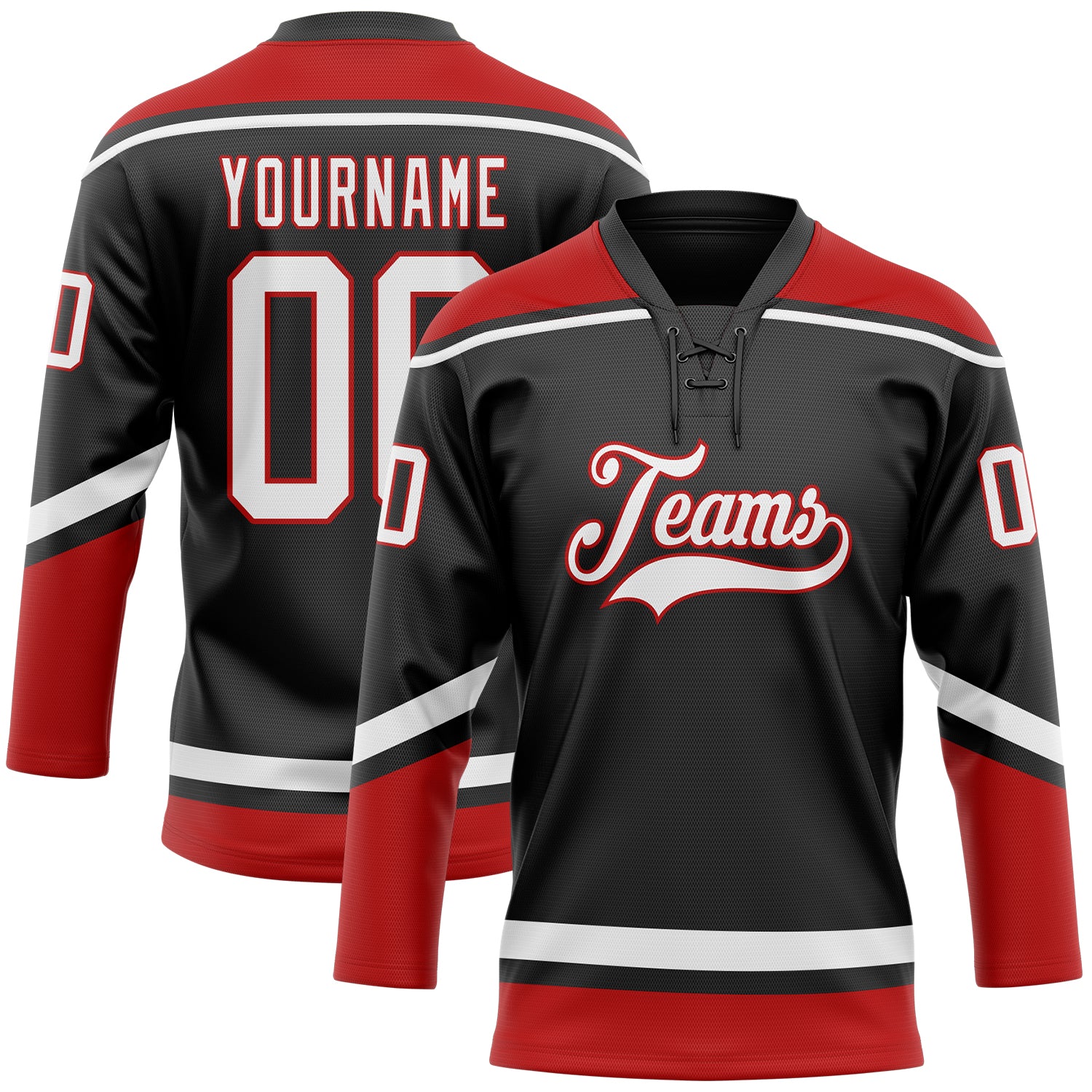 Custom Team Jersey with Personalized Name and Number in Black, White, Red Hockey Lace Design Personalized Black White-Red