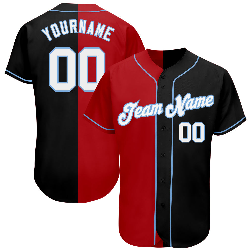 Custom Team Name Number Baseball Jersey - Personalized Authentic Black White Red Light Blue Split Fashion Personalized Black