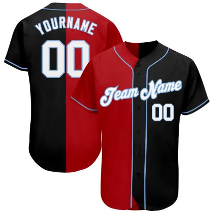 Personalized Black Red Light Blue Split Fashion Baseball Jersey for Men and Women Personalized Black White-Red Light Blue