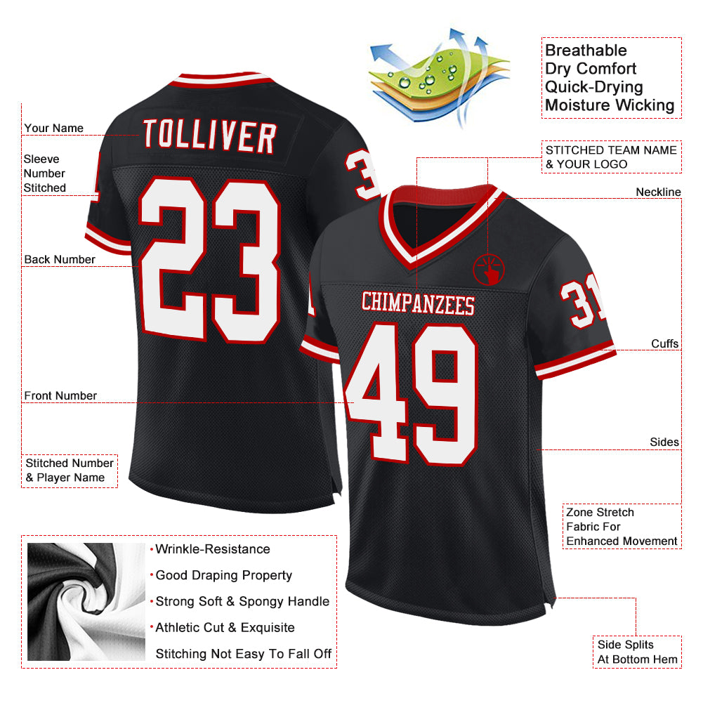 Personalized Black White-Red Mesh Authentic Throwback Football Jersey Personalized Black Red White Mesh Authentic Football Jersey for Men and Women Personalized Black White-Red Mesh Authentic - Image 2
