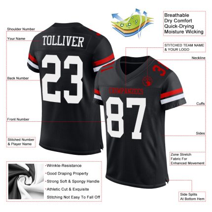 Personalized Football Jersey Mesh Black White Red for Kids Size 4 Personalized Black White-Red Mesh Football Jersey 4